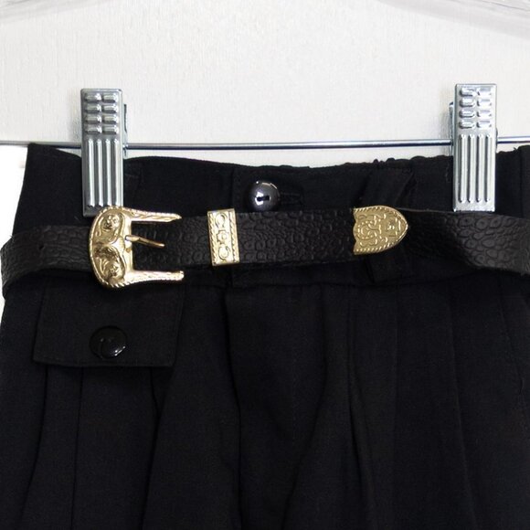 Vintage Black Size 3 Pleated High-Waist Trousers W/ Textured Black Belt & Gold - Picture 2 of 6
